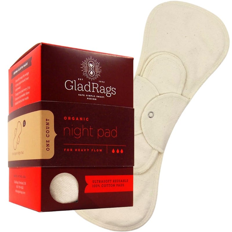 GladRags Natural Organic Undyed Cotton Reusable Night Pad 1Pack 100 GOTS Certified Organic Menstrual Pad Postpartum Pad Heavy Flow Period Pads Washing Machine Safe